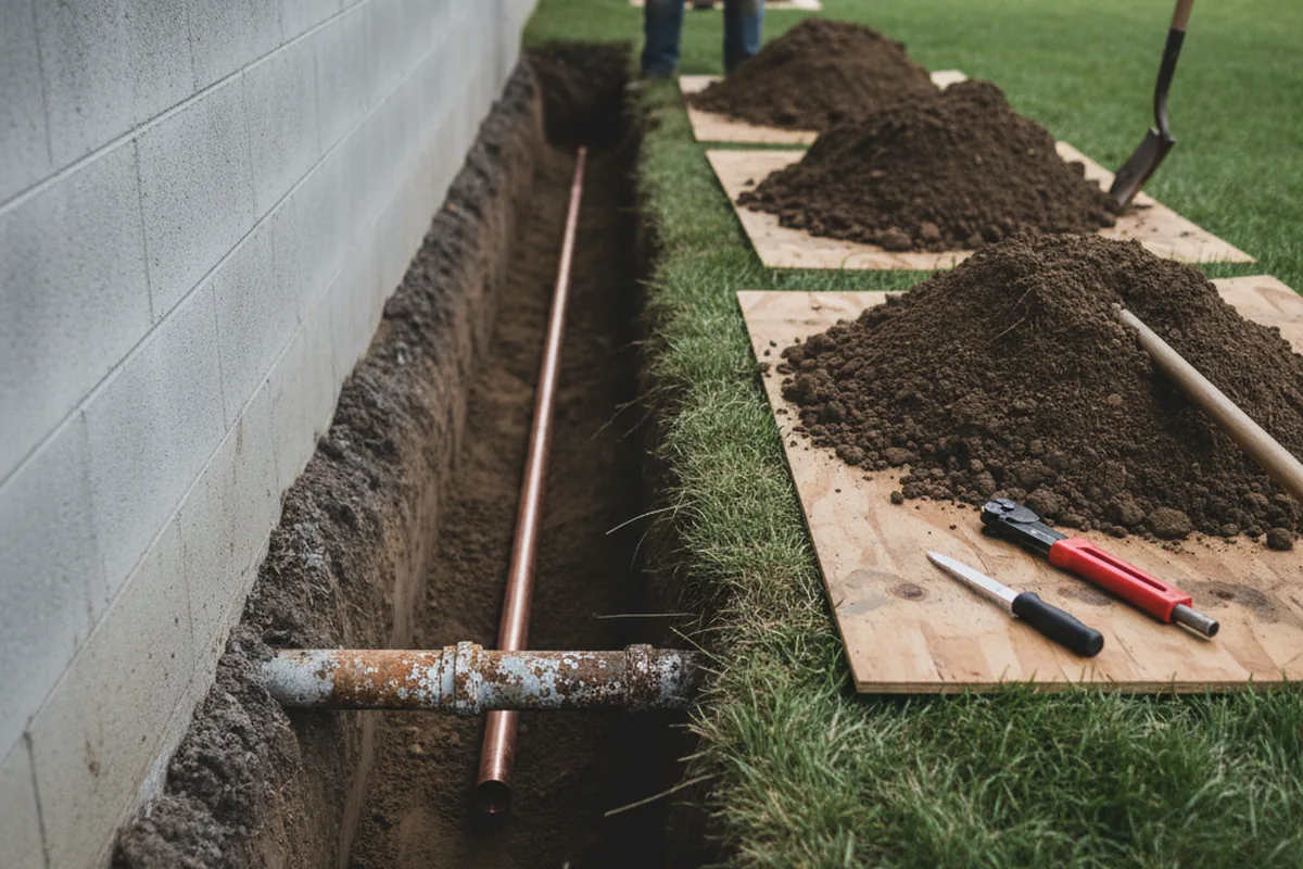 Excavated water line trench during Sewer Line Repair in Kimball
